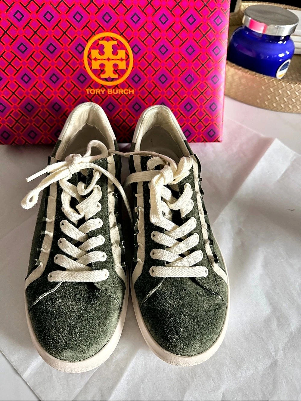 Tory Burch Good Luck Trainer Green & White Sneakers